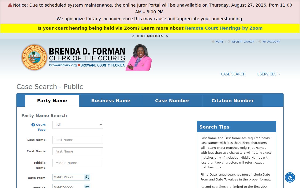 Broward Clerk public court case search used for Plantation names