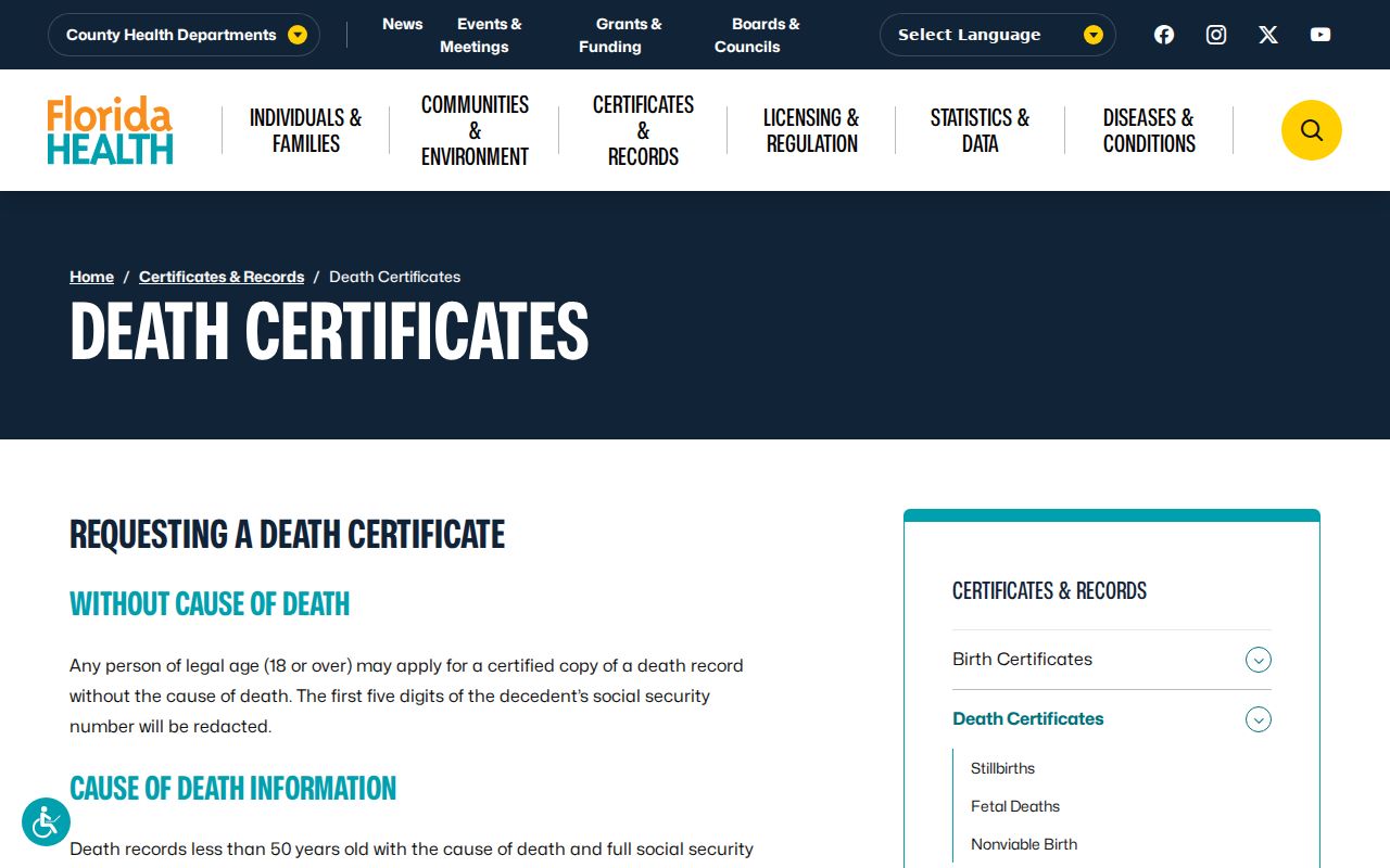 Plantation previous residents Florida death certificate access