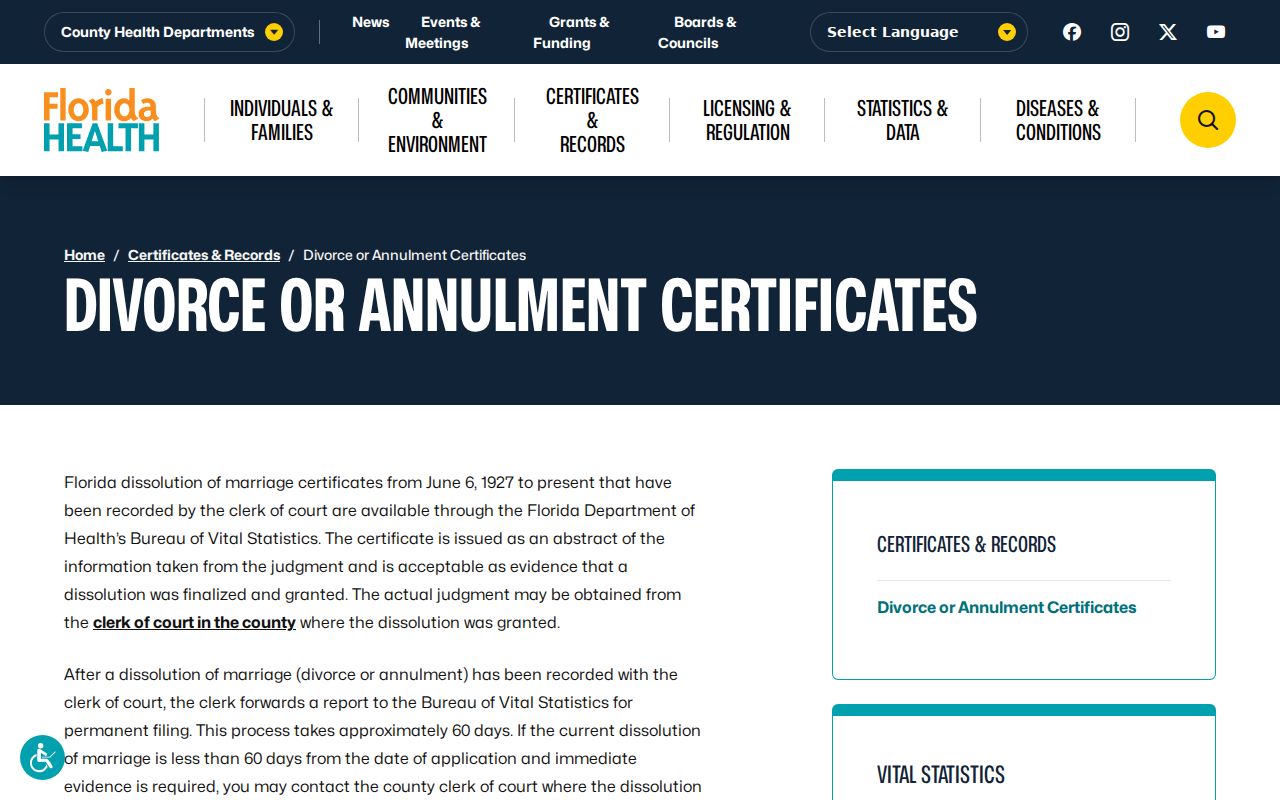 Plantation previous residents Florida divorce certification search